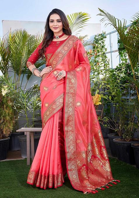 Peach Zari Woven Work Khicha Silk Saree Set