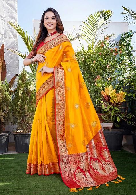 Yellow Zari Woven Work Khicha Silk Saree Set