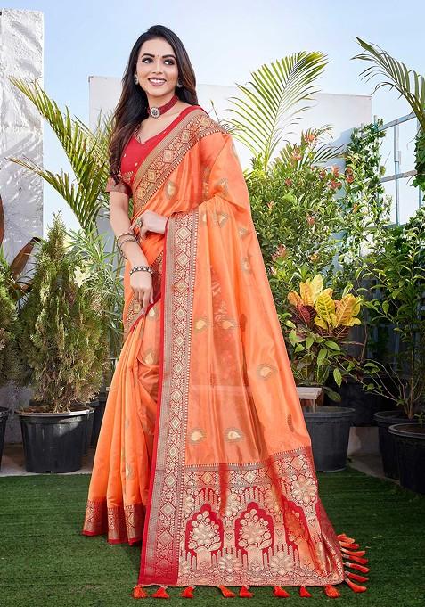 Orange Zari Woven Work Khicha Silk Saree Set