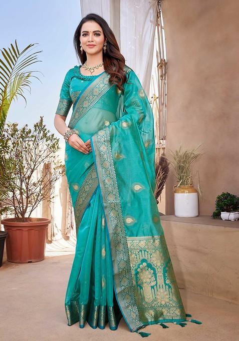 Teal Zari Woven Work Khicha Silk Saree Set