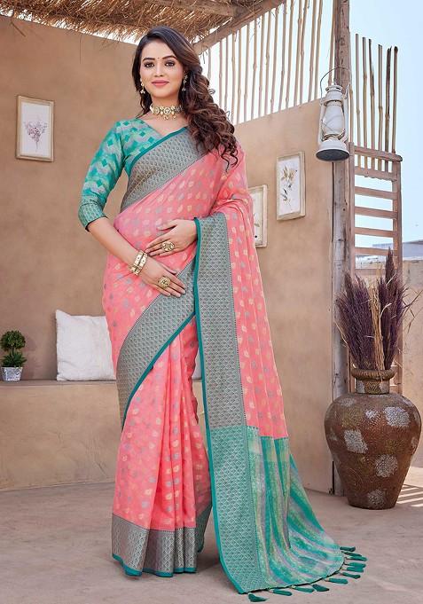 Teal Zari Woven Work Soft Zarna Silk Saree Set