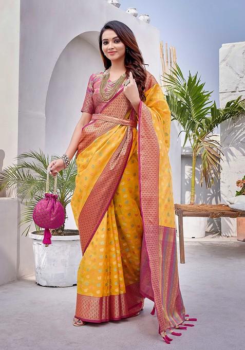 Yellow Zari Woven Work Soft Zarna Silk Saree Set