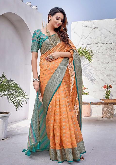 Orange Zari Woven Work Soft Zarna Silk Saree Set