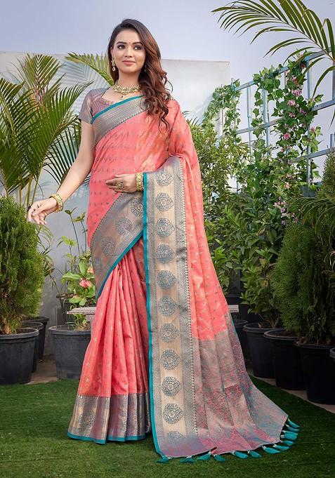 Peach Zari Woven Work Soft Zarna Silk Saree Set