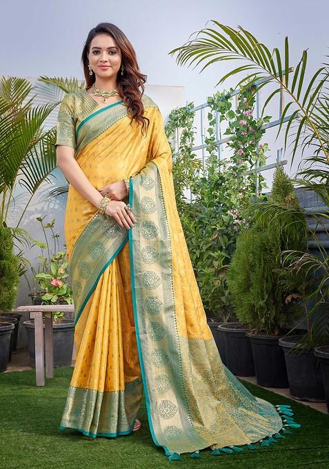 Yellow Zari Woven Work Soft Zarna Silk Saree Set