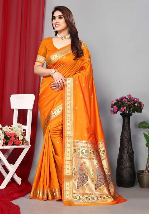 Orange Zari Woven Paithani Silk Saree Set