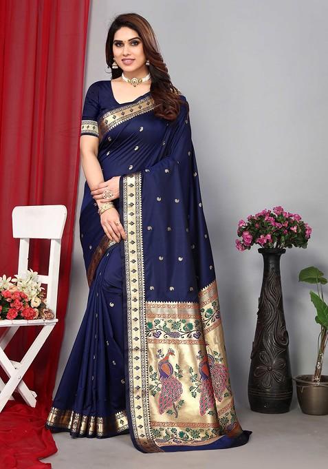 Navy Blue Zari Woven Paithani Silk Saree Set