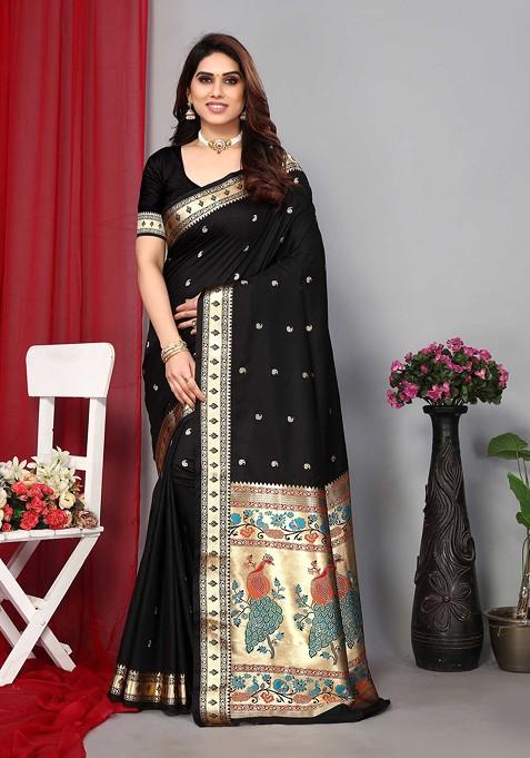 Black Zari Woven Paithani Silk Saree Set