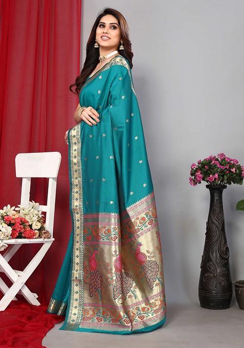 Teal Zari Woven Paithani Silk Saree Set