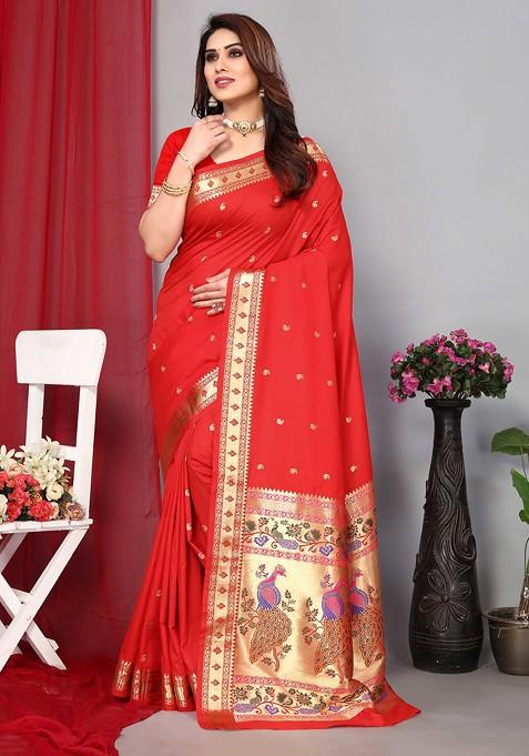 Red Zari Woven Paithani Silk Saree Set