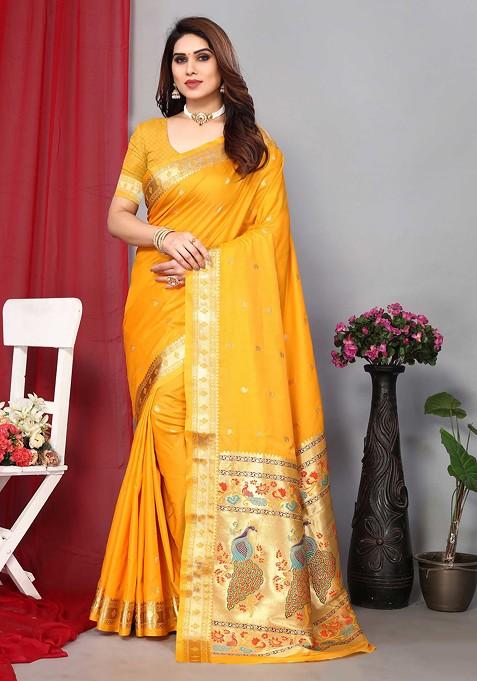 Yellow Zari Woven Paithani Silk Saree Set