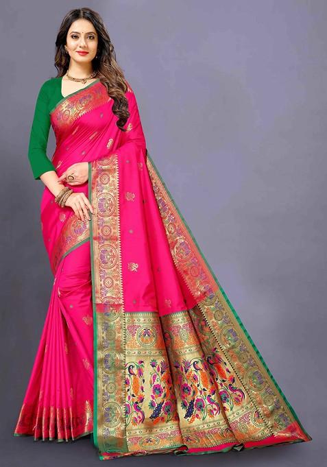 Pink Zari Woven Paithani Silk Saree Set