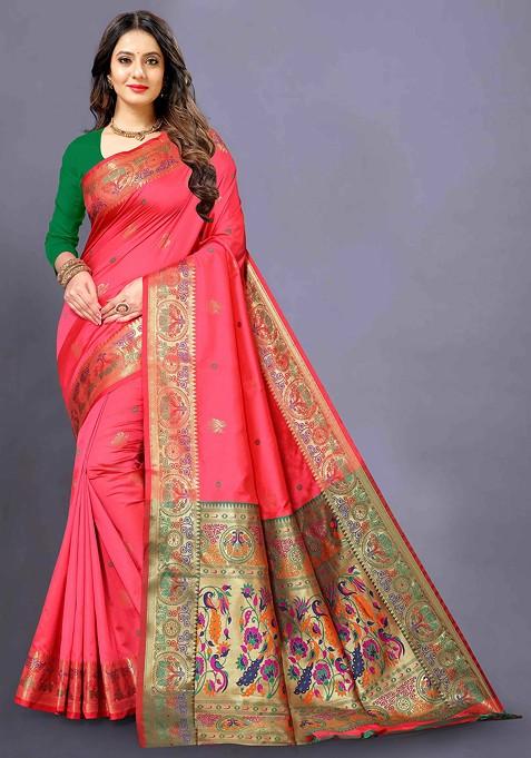 Red Zari Woven Paithani Silk Saree Set