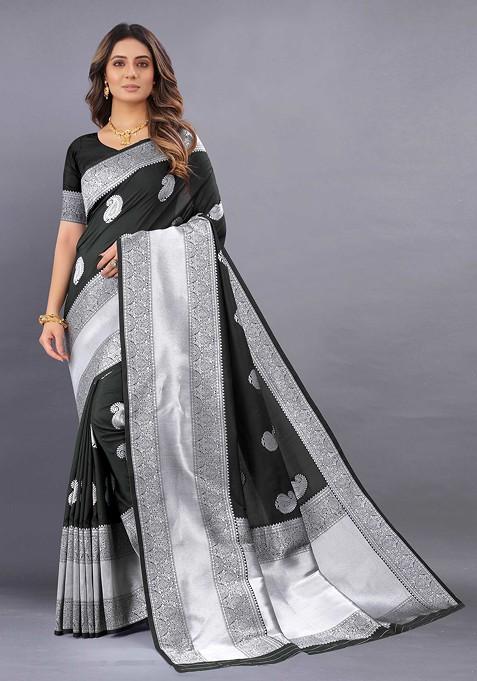 Black Zari Woven Faux Kanjivaram Silk Saree Set