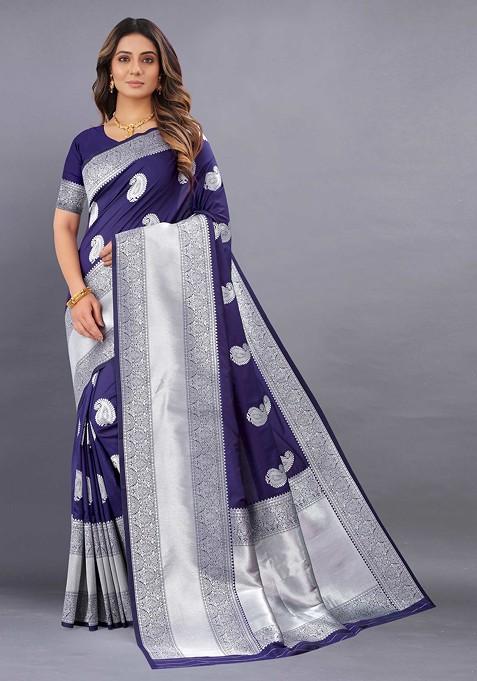 Navy Blue Zari Woven Faux Kanjivaram Silk Saree Set