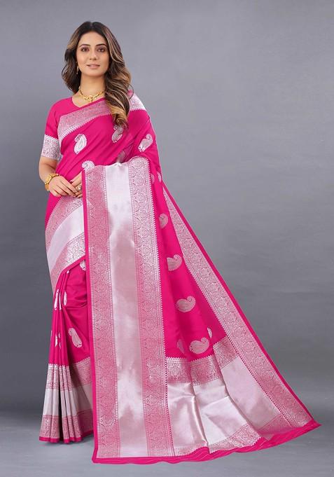 Pink Zari Woven Faux Kanjivaram Silk Saree Set