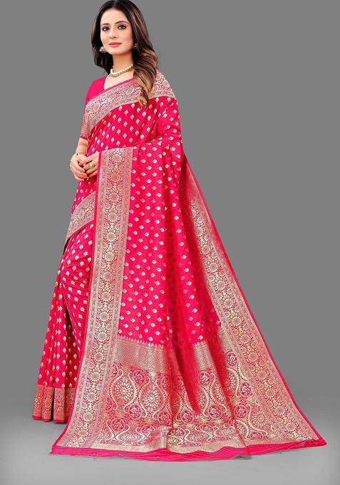 Pink Zari Woven Work Lichi Silk Saree Set