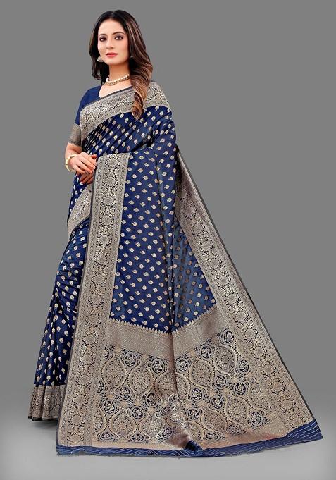 Blue Zari Woven Work Lichi Silk Saree Set