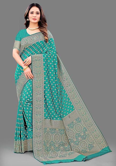 Teal Zari Woven Work Lichi Silk Saree Set