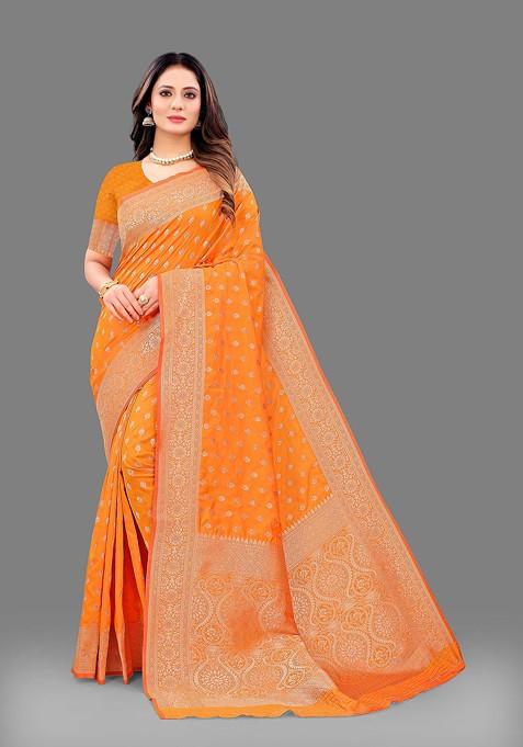 Orange Zari Woven Work Lichi Silk Saree Set