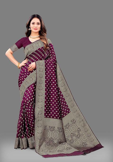 Wine Zari Woven Work Lichi Silk Saree Set