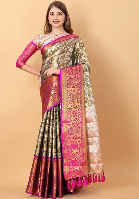 Cream Zari Woven Faux Kanjivaram Silk Saree Set