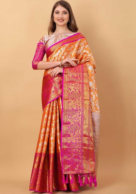 Orange Zari Woven Faux Kanjivaram Silk Saree Set