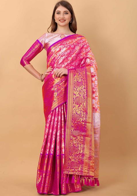 Pink Zari Woven Faux Kanjivaram Silk Saree Set