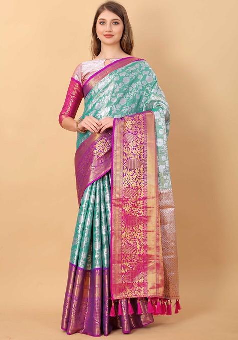 Sky Blue Zari Woven Faux Kanjivaram Silk Saree Set