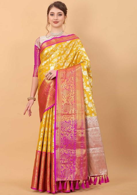 Yellow Zari Woven Faux Kanjivaram Silk Saree Set