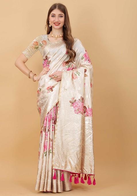 Light Pink Zari Woven Work Nylon Silk Saree Set