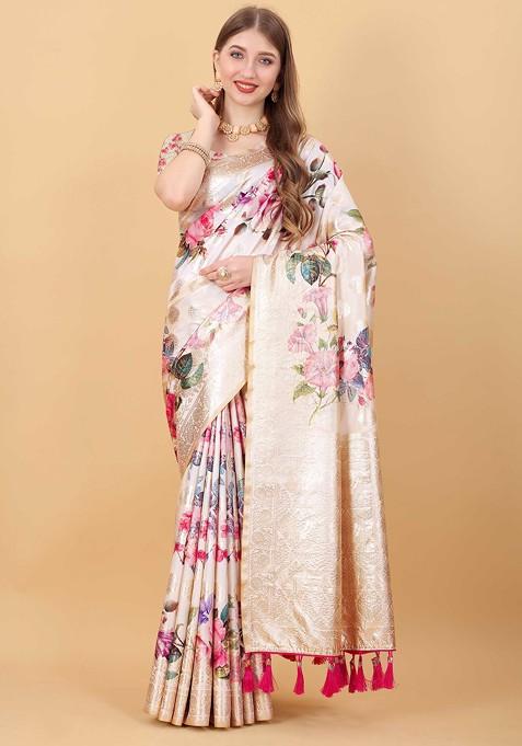 Peach Zari Woven Work Nylon Silk Saree Set