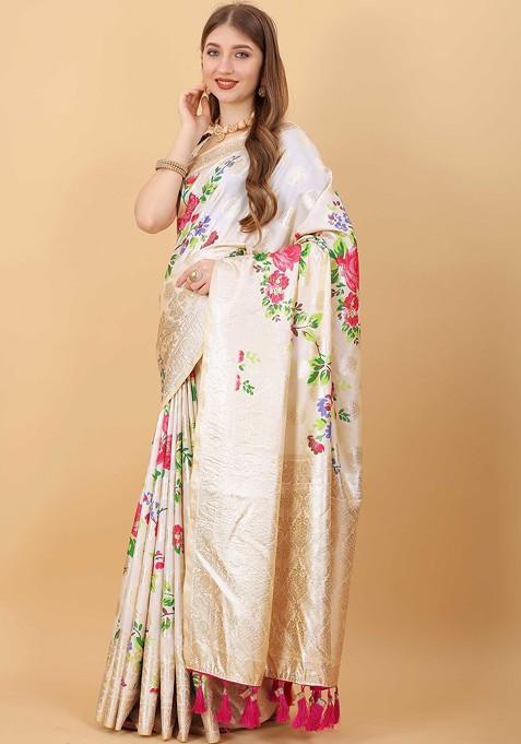 Cream Zari Woven Work Nylon Silk Saree Set