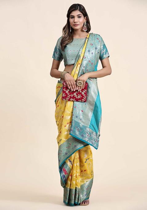 Yellow Zari Woven Work Organza Silk Saree Set