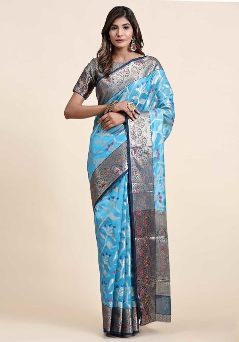 Sky Blue Zari Woven Work Organza Silk Saree Set