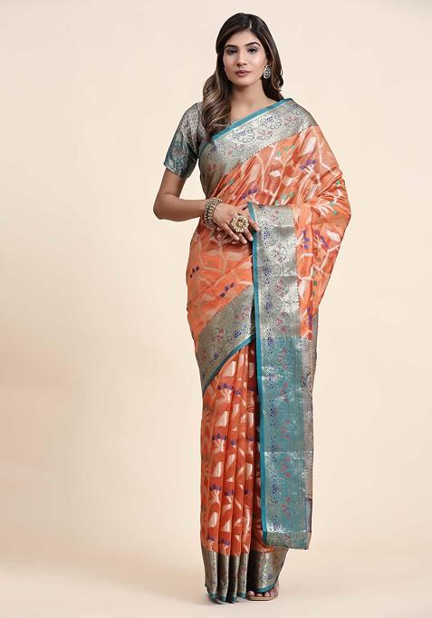 Orange Zari Woven Work Organza Silk Saree Set