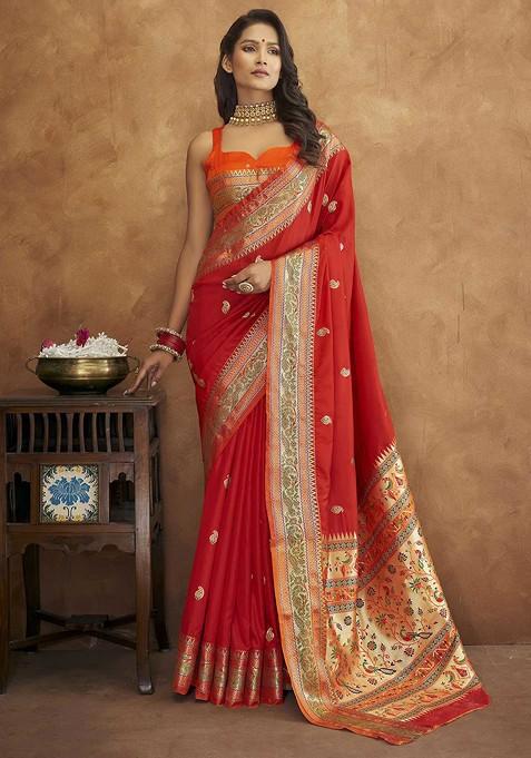 Red Zari Woven Work Paithani Silk Saree Set