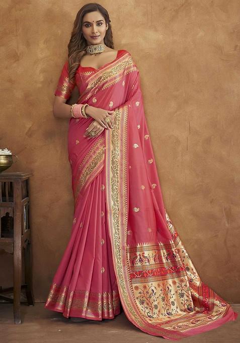 Light Pink Zari Woven Work Paithani Silk Saree Set