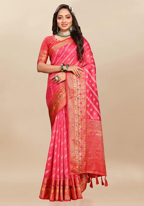 Red Zari Woven Work Organza Silk Saree Set