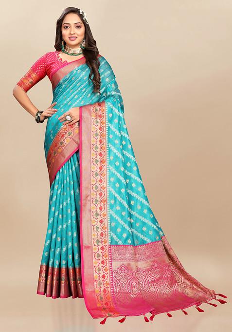 Teal Zari Woven Work Organza Silk Saree Set