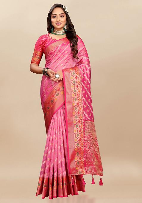 Pink Zari Woven Work Organza Silk Saree Set