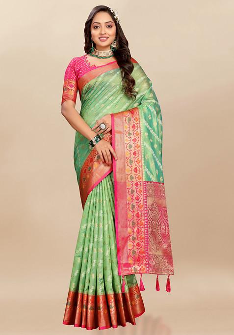 Green Zari Woven Work Organza Silk Saree Set