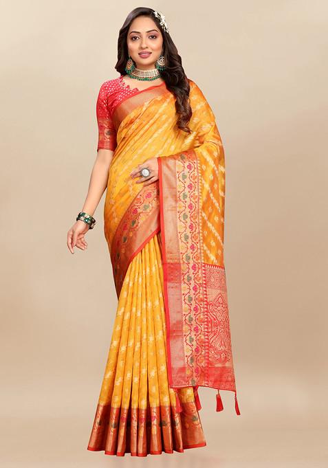 Yellow Zari Woven Work Organza Silk Saree Set