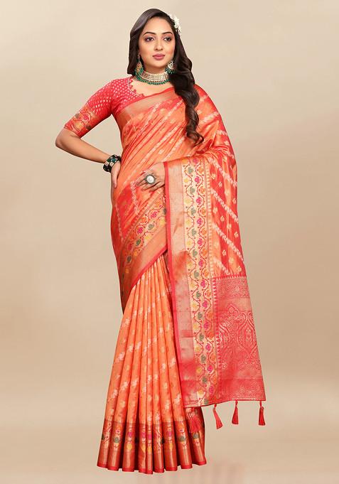 Orange Zari Woven Work Organza Silk Saree Set