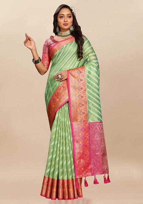 Green Zari Woven Work Organza Silk Saree Set