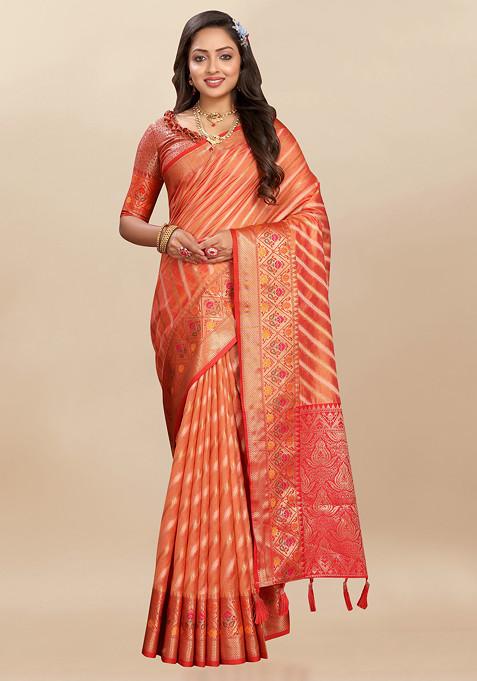 Orange Zari Woven Work Organza Silk Saree Set