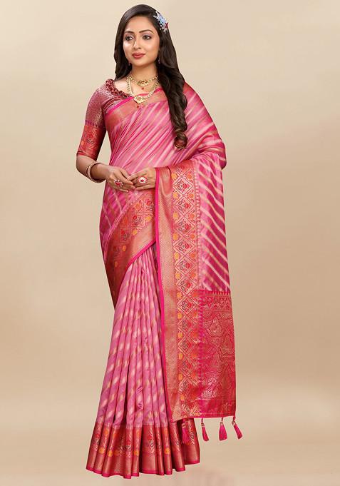 Rani Pink Zari Woven Work Organza Silk Saree Set