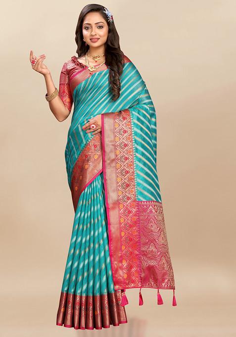 Teal Blue Zari Woven Work Organza Silk Saree Set