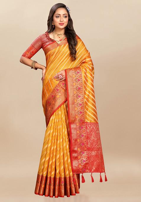 Yellow Zari Woven Work Organza Silk Saree Set