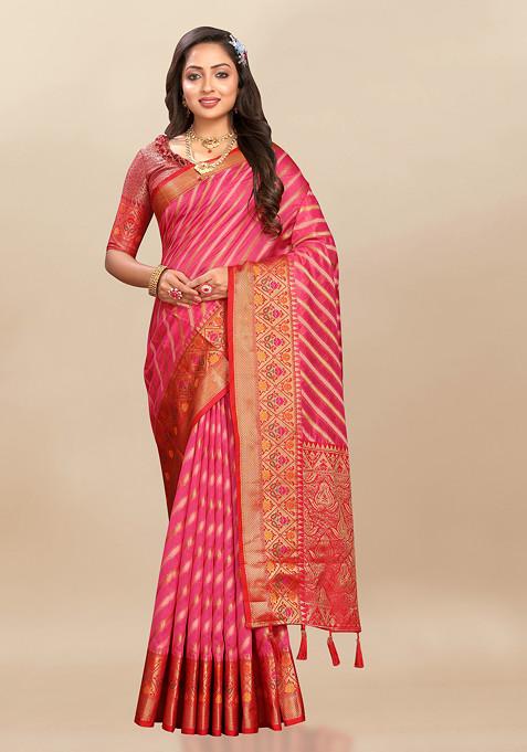 Pink Zari Woven Work Organza Silk Saree Set